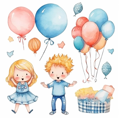 watercolor illustration, cute gender reveal doodle clipart, boy or girl, high resolution, detailed doodle, white background, items clipart for baby shower gender reveal, mom to be