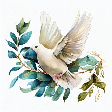 white Dove fly with small palm brunch in beak, watercolor, Clipart