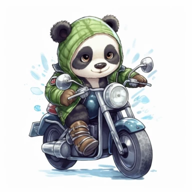 Create a clipart of a cute panda wearing a green leather jacket and riding a motorcycle. Kawaii. White Background, soft lighting.