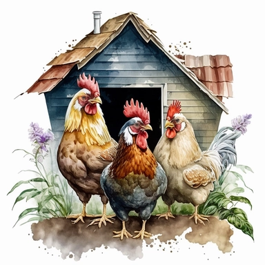 Cute Beautiful Three Chicken Front House watercolor Sublimation Clipart,Cartoon,hyper realistic, intricate detail, illustration style,high solution,on the white background