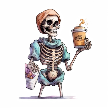 Skeleton barista handing out a cup of coffee, cartoon cutout style by Lucy Fleming, watercolor, smooth gradients, black contour outline, ultra detailed, clipart elements, delicate pastel colors, solid white background, super clear, high quality