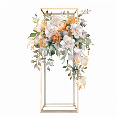 watercolour beautiful realistic white real floral wedding flower spray on gold rectangle tall frame stand realistic elegant wedding floral display stand with white glitter wedding flowers ,clip art graphics , PNG image,transparent background ,ultra highly detailed, 18k, sharp focus, bright photo with vibrant colours, digitally enhanced,photographic, enhanced graphics, png format, straight, sharp focus, bright lighting, intricate detailed png image ,high definition,300dpi,graphic clipart,computer