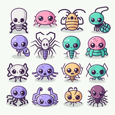 spiders, scorpions, worms, snakes, clipart style, vector, logo, cute, golden, purple, teal, pink, lite blue, picture book style, children's lesson book, captivating, kid friendly cute character, black and white, coloring book style, cartoon style, vector image, simple, line art style, character, white background