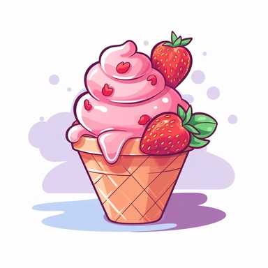 Step into a whimsical summer paradise with a delightful clipart illustration featuring a refreshing strawberry ice cream in a playful cartoon style against a pristine white background. Picture a delightful ice cream cone topped with a generous scoop of strawberry goodness, radiating the cool and sweet essence of summer. Utilize a vibrant and lively color palette, incorporating shades of vibrant reds, creamy pinks, and playful accents of white, to capture the mouthwatering allure of strawberry ic