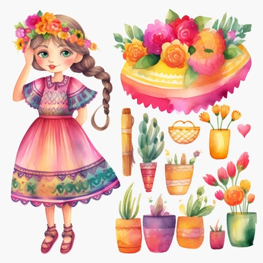 Colorfull clip art watercolor,a girl cinco de mayo dress, 8k