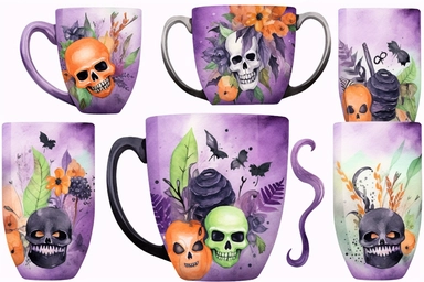 halloween coffee mug, purple, black green, orange, watercolor clipart