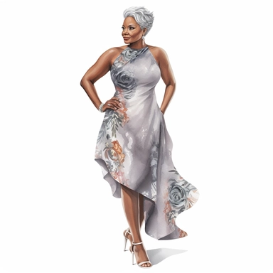 watercolor, full body front facing image of a beautiful mocha airbrushed full-figured black woman with gray hair, wearing a flattering dress, high heel shoes, clipart, HD, hyper realistic, natural look, vibrant colors, 3k resolution, white background
