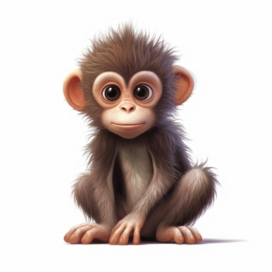 a sharp Illustration of a cute baby monkey against white background, fairytail style, cartoonish style, highly realistic, white background, clipart, PNG pure white background, high resolution, hyper detailed, best quality, high detailed illustration