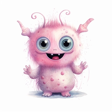 watercolour illustration, cute baby monster, big eyes, smiling, pastel, pale pink, aquarrellist, clipart, isolated, white background,