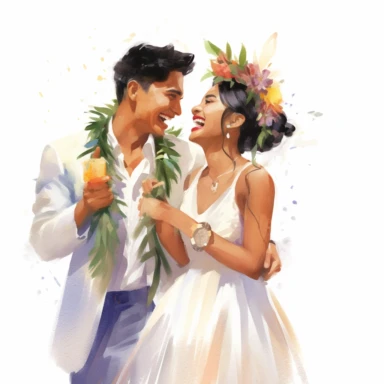 Asian bride and Indigenous groom, laughing together during the reception, joyful and elated, watercolor, Pixar style, Clipart on a white background.