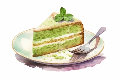 picturesque,a bright simple green tea sponge cake on dish in family restaurant, mint, clipart on white background, watercolor style,detailing, high quality, painted by Beatrix Potter, 8k