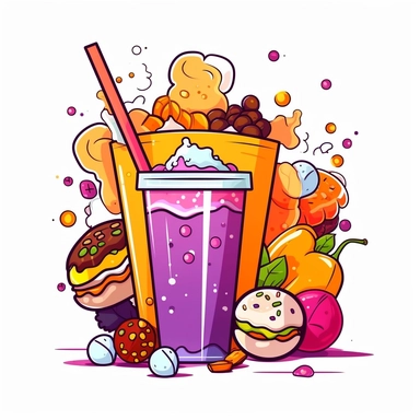 bubble tea with snacks fastfood elements Clipart, White Background, vector style sticker ar 1:1