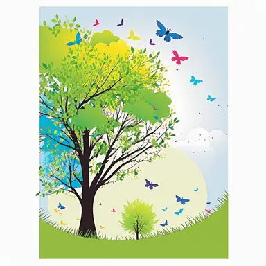 clipart style 8x11, vertical, nature-oriented scene, white background, daytime and light, all bright colors, no humans, only nature, birds, butterflies, trees, clouds, simple clean design