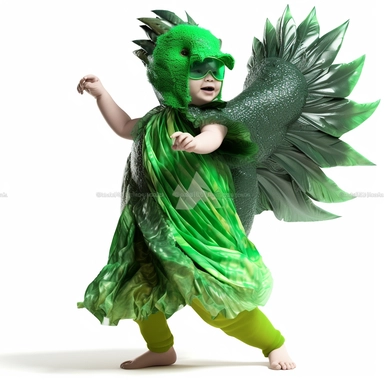 green baby girl Godzilla, looks like an alien, doing high step dance moves, wearing a designer dress made from Phoenix feathers , ultra high fashion, wearing ruby neck scarf, techno lighting, disney cuteness, plain white background, cutout clipart