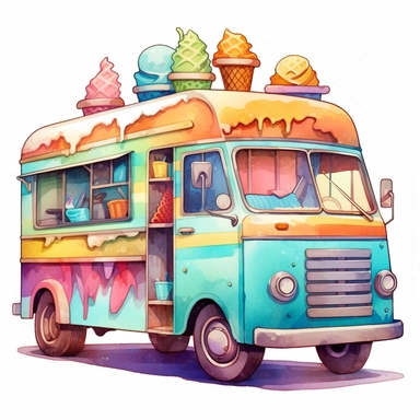 isolated clipart of a rainbow ice cream truck, in the style of tony diterlizzi, light teal and light bronze, digital airbrushing, isabelle waldberg, ultrafine detail, watercolors, havencore