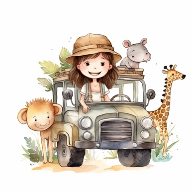 Watercolor clipart, A super cute happy girl and safari animals, in a jungle jeep, illustration watercolor style, minimalistic, clipart, children's book illustration, hd, 16k, 4k, isolated white background, single design, single object, watercolor illustration by mark ryden, print on demand image, PNG transparent background, solid white background for Clipart