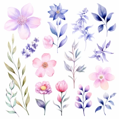 watercolor flower elements, clipart, Pink colors light and pastel, with Focus on pinks, blues and purples, flower petals, leaf elements, blossom elements, white background, 8k, high resolution