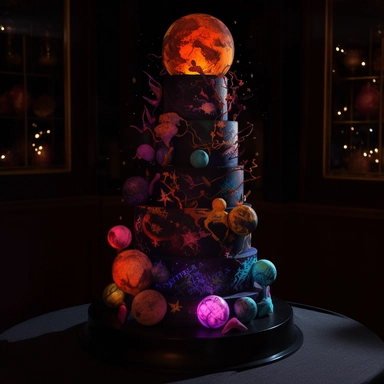 Interactive halloween cake, 5-tier, spherical design, each tier representing a celestial body in the couple's unique layer, hand-painted with edible luminescent colors, creating an ethereal glow in dim lighting, a motorized, food-safe mechanism enabling the tiers to rotate slowly, decorated with sugar constellations depicting the couple's love story, an embedded touchscreen interface allowing guests to explore the cake's design, and a built-in, synchronized light and sound show that activates wh