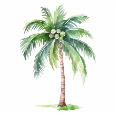Watercolor A tall palm tree with coconuts and green fronds clipart, Minimalist, bright colors, isolated white background, 8k