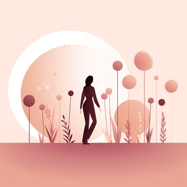 very basic forms illustration clipart, with very basic colours, light pink and brown shades, representing the success that women are constantly looking for, with a small silhouette of a lady walking towards the goals, with tiny flowers, very minimalist