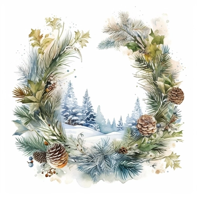 stunning christmas frame made of snowy fir branches , beautiful Christmas clipart, soft faded colors, beautiful watercolor art by Marjolein Bastin, Thomas Kinkade, Carl Larsson, Norman Rockwell, Susan Wheeler, isolated on white background
