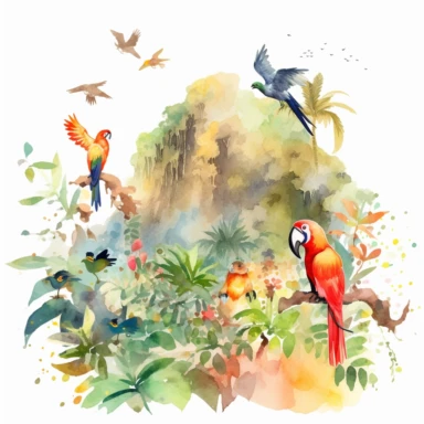 Create a clipart of a watercolor painting of a jungle scene with monkeys and parrots. No Background