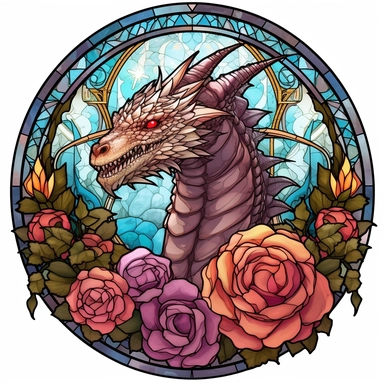clipart on white background, stained glass dragon and flowers, i cant believe how beautiful this is, fantasycore, dragoncore, mysticalcore