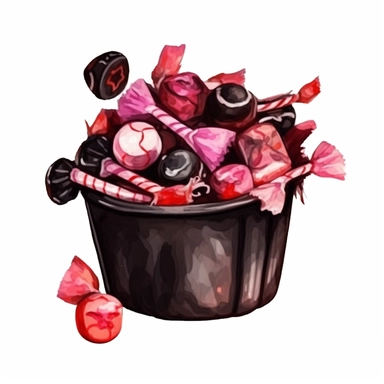 Halloween candy, dark pink and black color, watercolor, clipart, illustration, white background