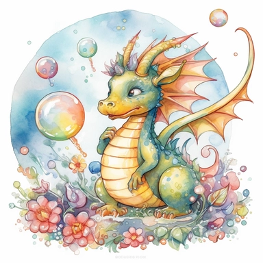 playful dragon blowing bubbles with its nose, depicted in a whimsical, watercolor, surrounded by colorful flowers and butterflies. The mood of the artwork is cheerful and playful, with a soft pastel color palette. The lighting style is bright and sunny, evoking a warm and inviting feeling. clipart design graphic, vector, contour, super cute, isolated white background, high quality, 2d, flat