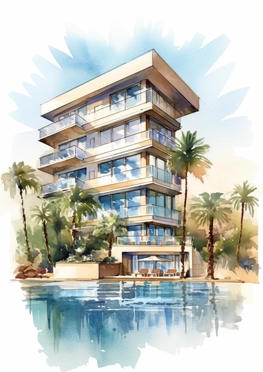 ultra detailed watercolor summer hotel, isolated on white background, realistic, clipart