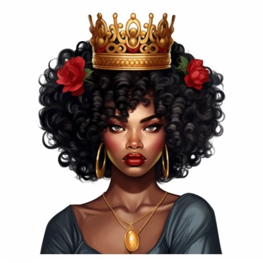 black dark-skin women with big curly flower hair wearing a golden crown staring straight forward with big red shiny lips, clip art