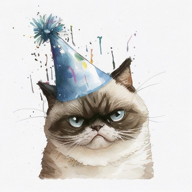 non-distinct white background, clip art, smiling, kawaii, watercolor, photo realistic, Ghibli, anime, angry cat wearing birthday hat