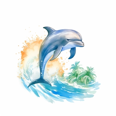 watercolor clipart of a playful dolphin jumping out of the water at the beach, white background