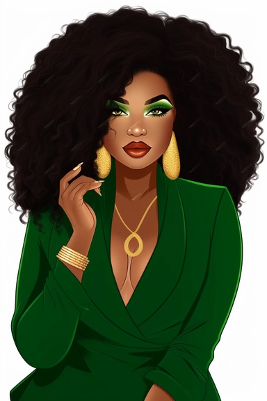 Cartoon Black Skin African American Clipart Plus size Beautiful Rich Woman Wearing green suit wearing gold jewelry having beautiful face long eyelashes and beautiful lips beautiful long hair confident confident wearing high heels