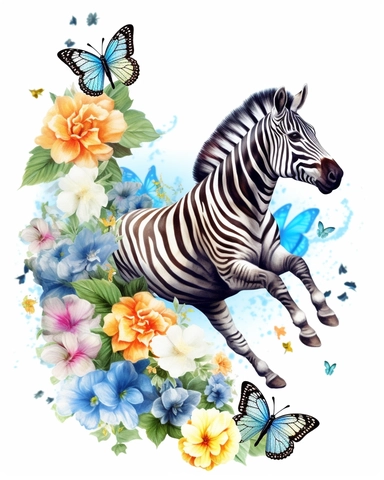 detailed watercolor Baby Zebra jumping on flowers , hyper realistic, isolated on a white background, clipart