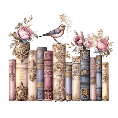 six thick fairy books upright in a row on a wall bookshelf intricate details,detailed illustration hd, in watercolor style, wedding, wedding flowers, rose and gold, cottage clipart, ethereal bohemeian, wedding bird, on white background ar 3:2 s 1000