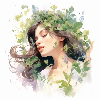 A girl surrounded by fragrant herbs in her garden, enjoying the aromas and flavors they offer, pastel colors, white background, watercolor splash, clipart, by Jack Hughes