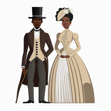 simple clipart illustration of a black american couple getting married in the 1870s, flat, white background