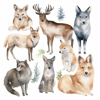 watercolor forest animals including Coyote, Elk, Gray squirrel, Lynx, and Muskrat, Watercolor clipart on white background, single design