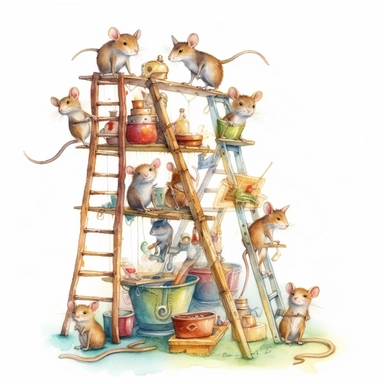 A group of adorable mice working together to construct a towering invention, balancing precariously on ladders and carrying miniature tools. Watercolor clipart in HD on a white background.