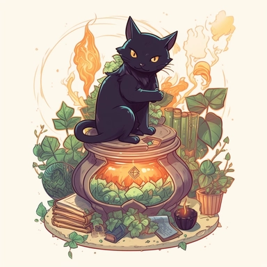 isometric illumination of a Tarot card of cute black cat wearing a pointy witch's hat, beside a cauldron filled with uncontrollable growing plants, glowing magical minerals, art nouveau art style, clipart witchcore dreamcore cottagecore white background no text, isolated on white, ghibli style,award winning