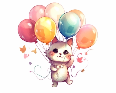 Birthday cat, carried by ballons, cute, party, clipart, kawaii, kitten, Japanese, exited, white background