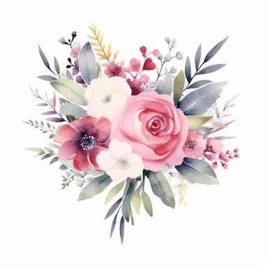 watercolor clipart with white background, bridal bouquet, cute and adorable, flat design,high quality--ar3:4--no mockups, watermarks, numbers, writing, letters--q2--v5.1--s1000