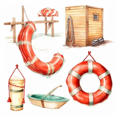 Watercolor beach lifesaver and lifeguard, illustrations clipart set, simple, , cartoon elements ,different variants , separate elements with a margin, wooden and plastic elements elemets, helicopter, lifesaver boat, jetski ,4k, high resolution