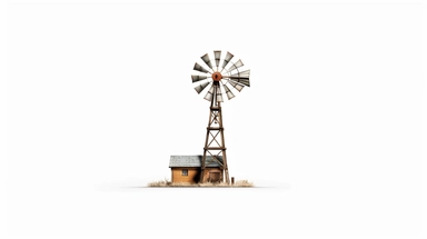Envision a classic western windmill, standing alone against a stark white background. The windmill is a symbol of the old west, with its wooden structure and spinning blades. The medium is a clipart style, with clean lines and a minimalist aesthetic. The style is reminiscent of vintage western illustrations, with a focus on the iconic silhouette of the windmill. The lighting is neutral, with the white background providing a stark contrast to the dark outline of the windmill. The colors are monoc