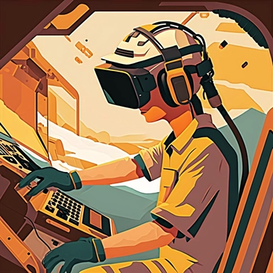 excavator cockpit, worker wearing vr headset, virtual reality hmd, poster, simplistic, abstract, vector, 2d illustration, clipart, few colors