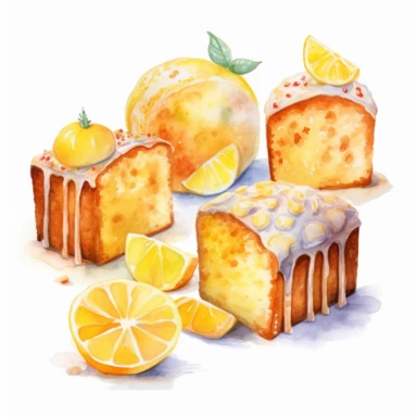 6 watercolour lemon drizzle cake,clip art,HD,on white background Spaced out