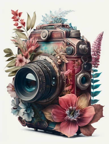 a watercolor vintage camera 1 photo lens only, profil view, surrounded by an intricate arrangement of dramatic extravagant ultra realistic digital 3D giant red burgundy tiare flowers, in the style of large-scale photography, lush detailing, watercolor style, pastel colors, photorealistic, playfully intricate, made of flowers, bloomcore, 8K, clipart, clear background
