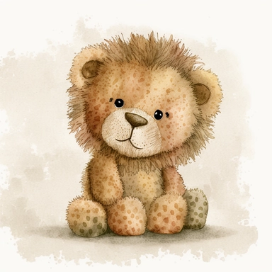 A cute baby lion teddy soft toy, jellycat, stylised hand painted textures, stylized digital art, baby lion, rough paper texture, baby lion, highly detailed muted colors,watercolor texture, setteidreams colour design, finger blend shading, stippled walls,amazing textured brush strokes, illustrated in whimsical style, childrens book illustration, clipart style, white solid background , no watermark, remove watermark, no text, remove text, no writing, remove writing