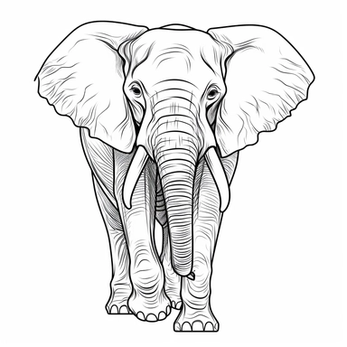black and white outline clipart of an adult elephant full body walking
